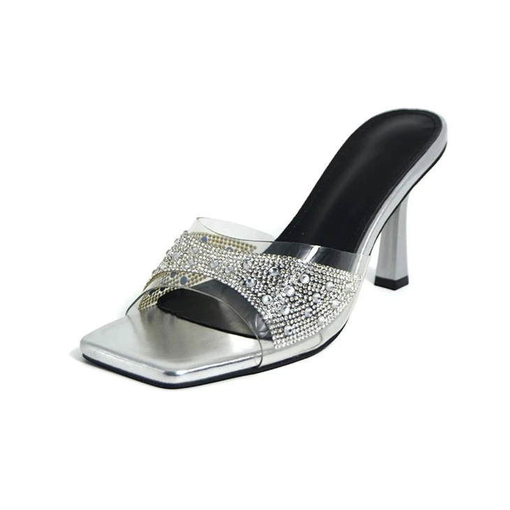 Silver Rhinestone Clear Strap Square Toe Mules suppliers