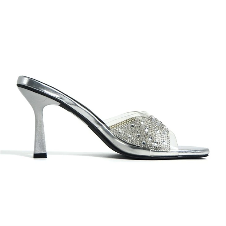 Silver Rhinestone Clear Strap Square Toe Mules factory
